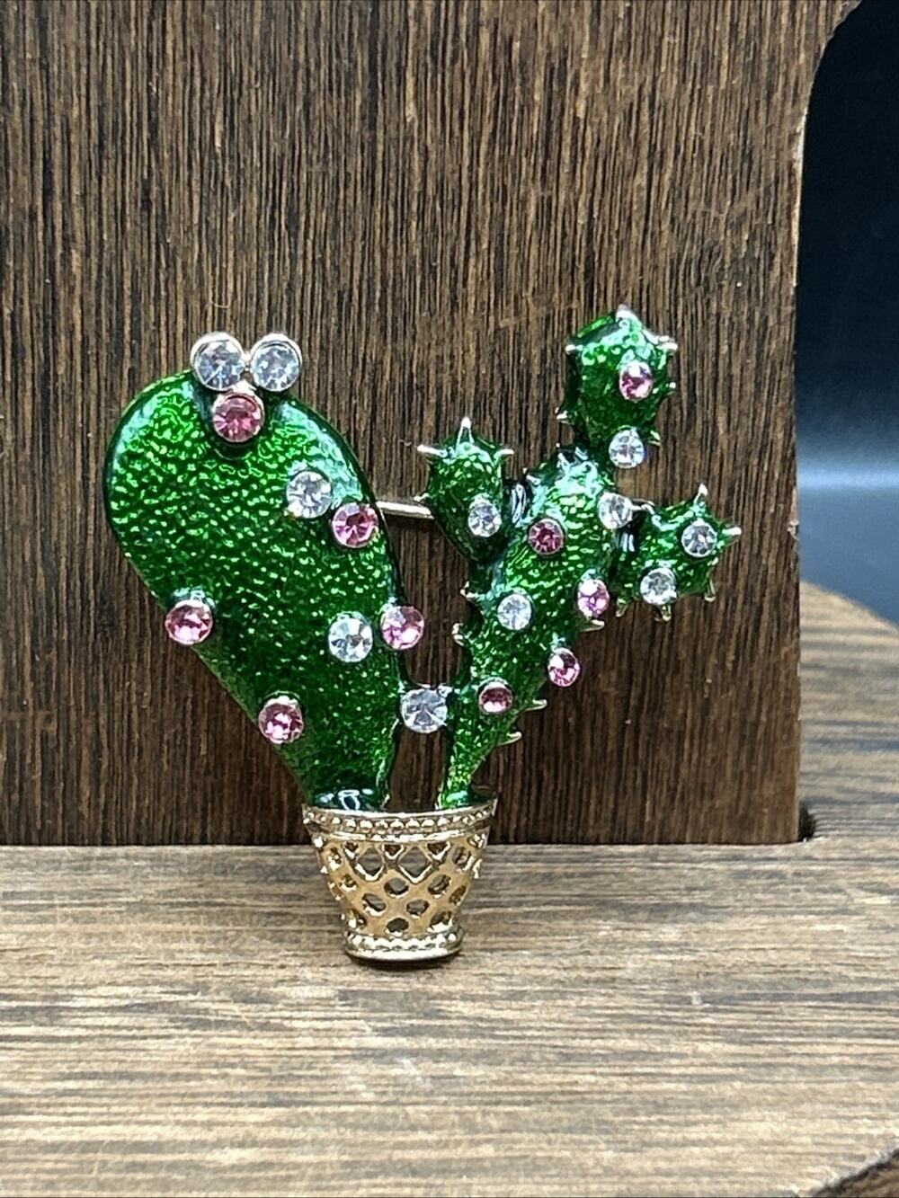 Rhinestone Cactus Brooch Modern Fashion Jewelry Gold Tone, Enamel 1 1/2” Plant